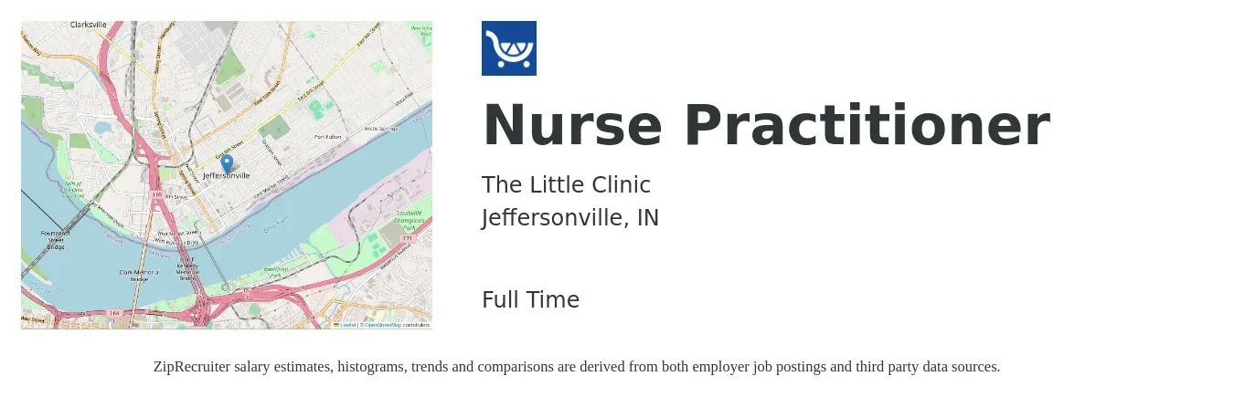 The Little Clinic job posting for a Nurse Practitioner in Jeffersonville, IN with a salary of $103,500 to $143,800 Yearly with a map of Jeffersonville location.