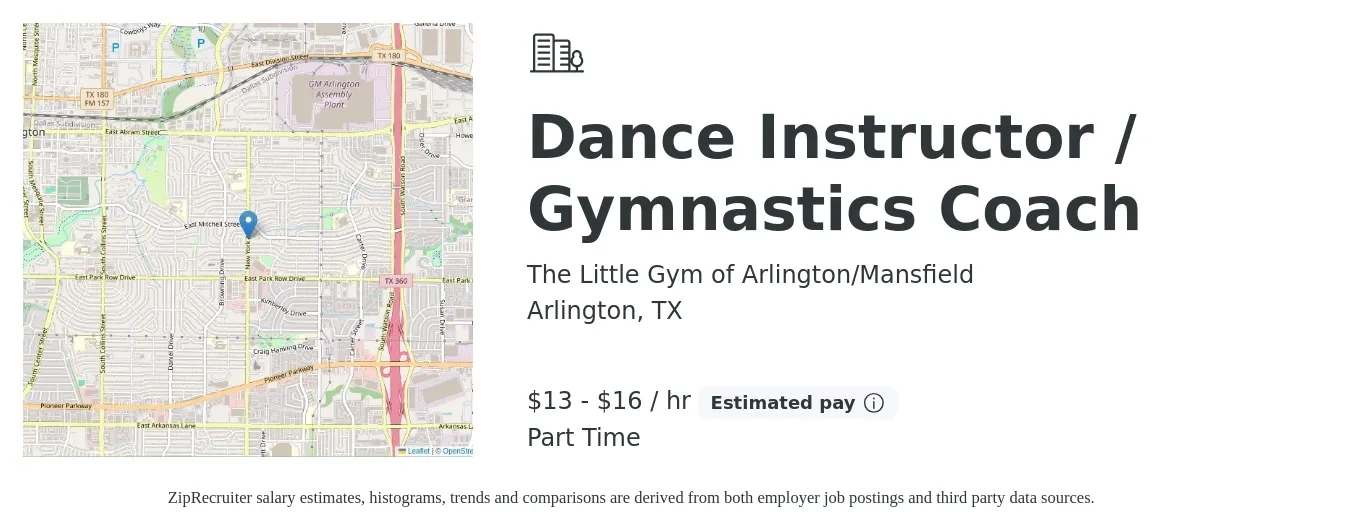 The Little Gym of Arlington/Mansfield job posting for a Dance Instructor / Gymnastics Coach in Arlington, TX with a salary of $14 to $17 Hourly with a map of Arlington location.