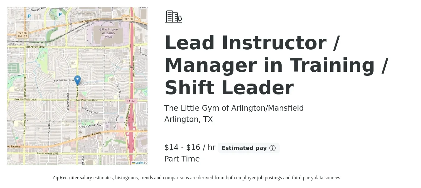 The Little Gym of Arlington/Mansfield job posting for a Lead Instructor / Manager in Training / Shift Leader in Arlington, TX with a salary of $15 to $18 Hourly with a map of Arlington location.