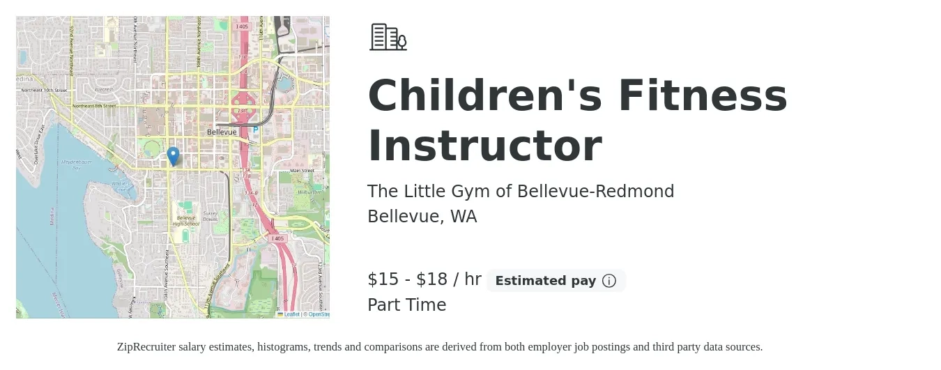 The Little Gym of Bellevue-Redmond job posting for a Children's Fitness Instructor in Bellevue, WA with a salary of $16 to $19 Hourly with a map of Bellevue location.