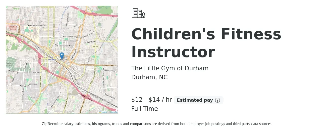 The Little Gym of Durham job posting for a Children's Fitness Instructor in Durham, NC with a salary of $13 to $15 Hourly with a map of Durham location.