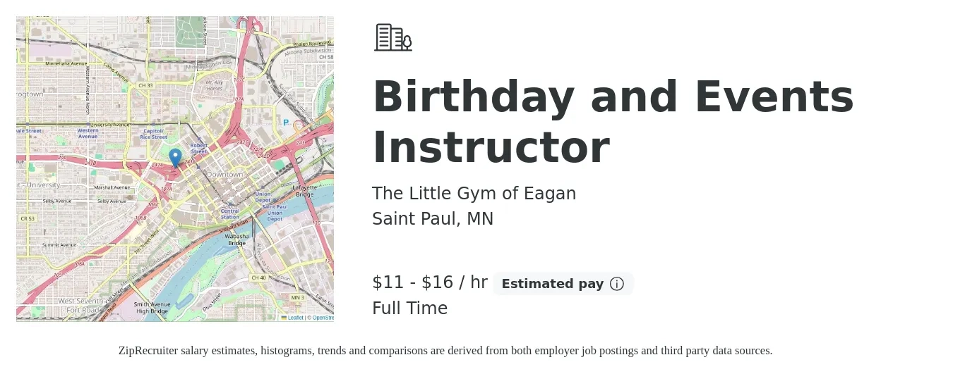 The Little Gym of Eagan job posting for a Birthday and Events Instructor in Saint Paul, MN with a salary of $12 to $17 Hourly with a map of Saint Paul location.