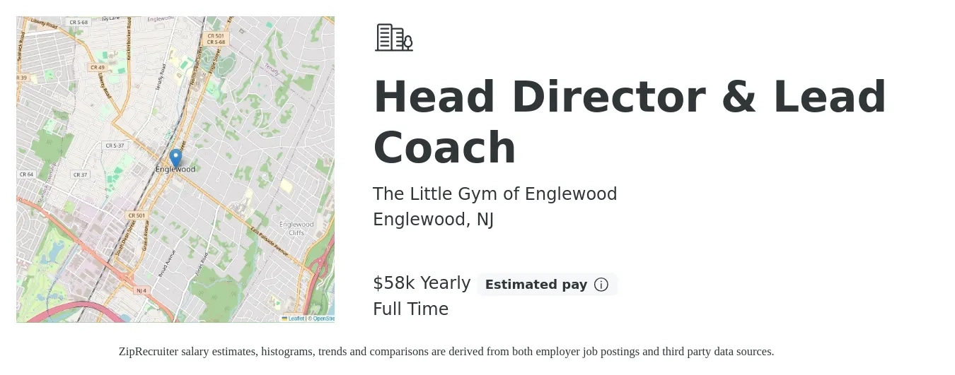 The Little Gym of Englewood job posting for a Head Director & Lead Coach in Englewood, NJ with a salary of $58,500 Yearly with a map of Englewood location.