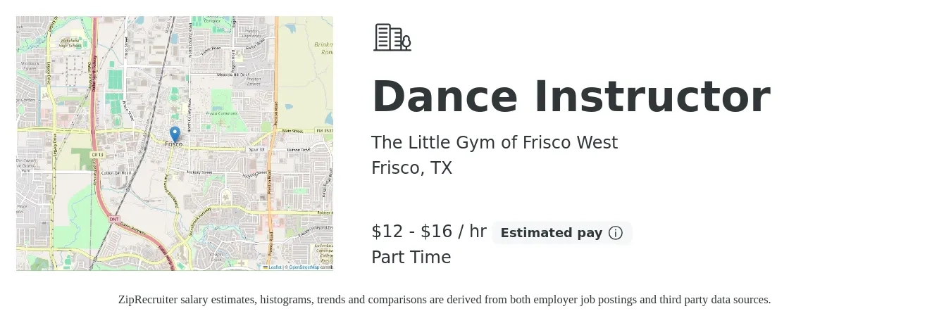 The Little Gym of Frisco West job posting for a Dance Instructor in Frisco, TX with a salary of $13 to $17 Hourly with a map of Frisco location.