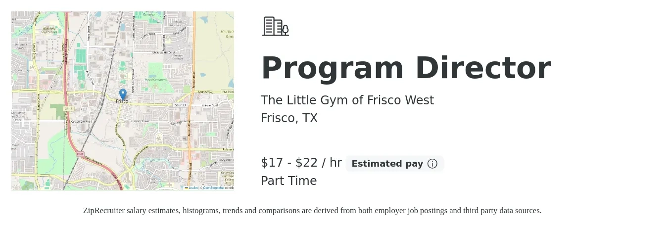 The Little Gym of Frisco West job posting for a Program Director in Frisco, TX with a salary of $18 to $23 Hourly with a map of Frisco location.