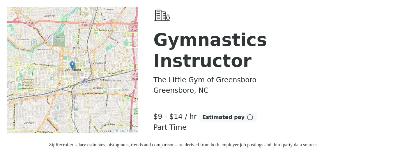 The Little Gym of Greensboro job posting for a Gymnastics Instructor in Greensboro, NC with a salary of $10 to $15 Hourly with a map of Greensboro location.