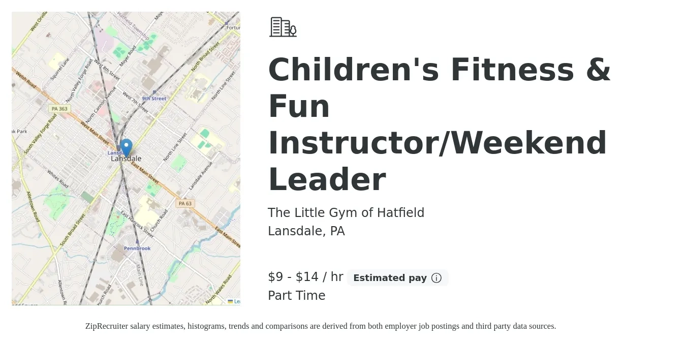 The Little Gym of Hatfield job posting for a Children's Fitness & Fun Instructor/Weekend Leader in Lansdale, PA with a salary of $10 to $15 Hourly with a map of Lansdale location.