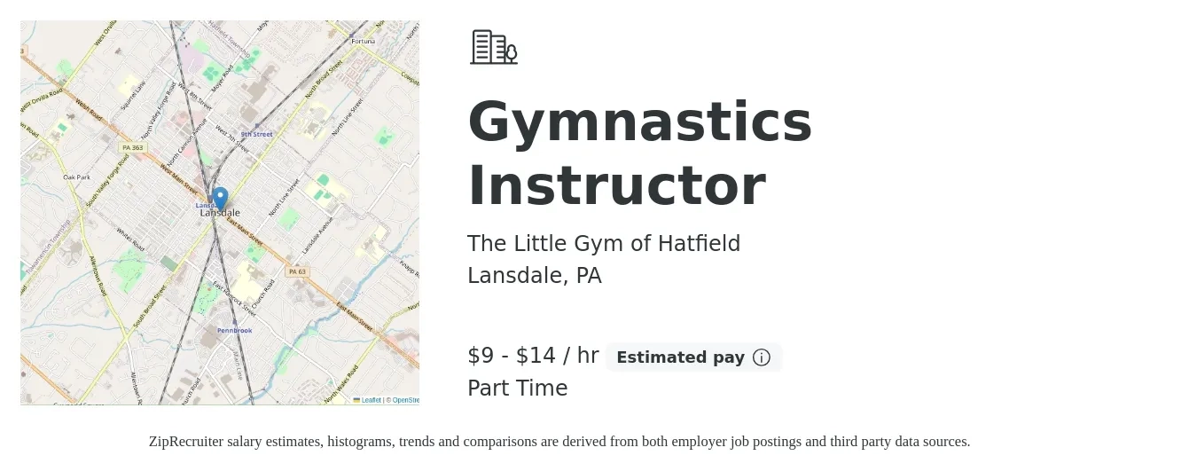 The Little Gym of Hatfield job posting for a Gymnastics Instructor in Lansdale, PA with a salary of $10 to $15 Hourly with a map of Lansdale location.