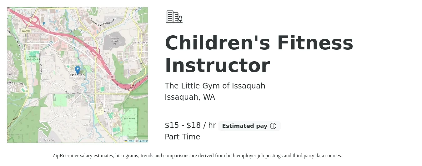 The Little Gym of Issaquah job posting for a Children's Fitness Instructor in Issaquah, WA with a salary of $16 to $19 Hourly with a map of Issaquah location.