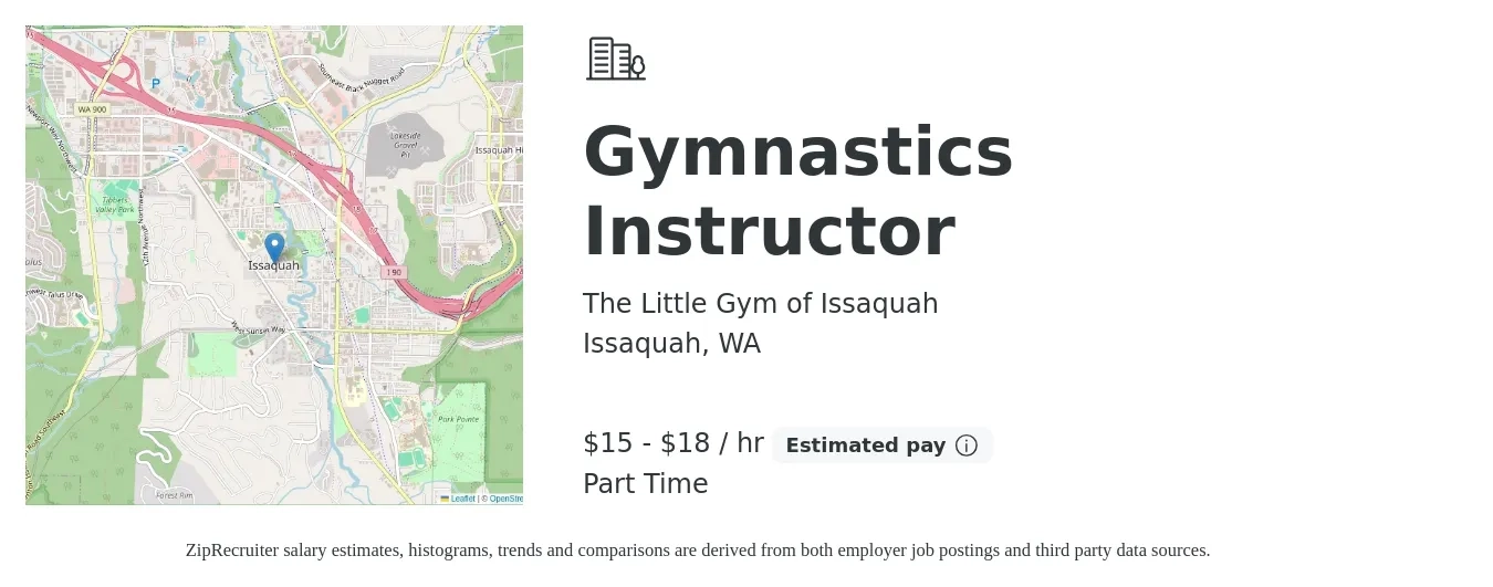 The Little Gym of Issaquah job posting for a Gymnastics Instructor in Issaquah, WA with a salary of $16 to $19 Hourly with a map of Issaquah location.