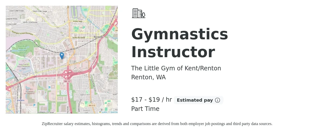 The Little Gym of Kent/Renton job posting for a Gymnastics Instructor in Renton, WA with a salary of $16 to $19 Hourly with a map of Renton location.