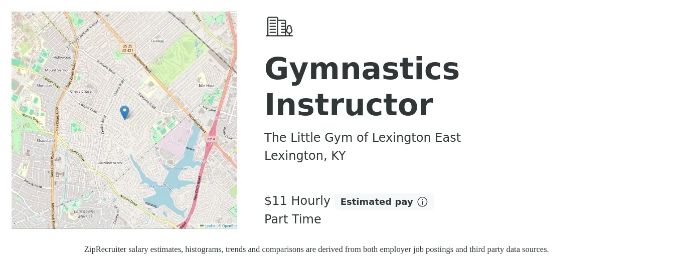 The Little Gym of Lexington East job posting for a Gymnastics Instructor in Lexington, KY with a salary of $12 Hourly with a map of Lexington location.
