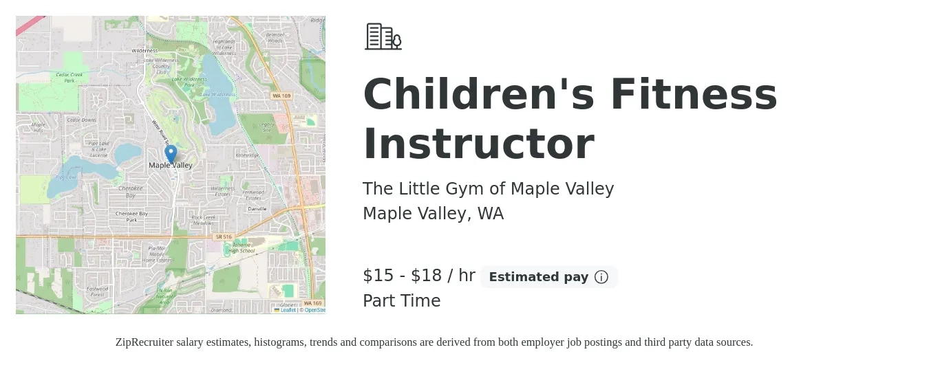 The Little Gym of Maple Valley job posting for a Children's Fitness Instructor in Maple Valley, WA with a salary of $16 to $19 Hourly with a map of Maple Valley location.
