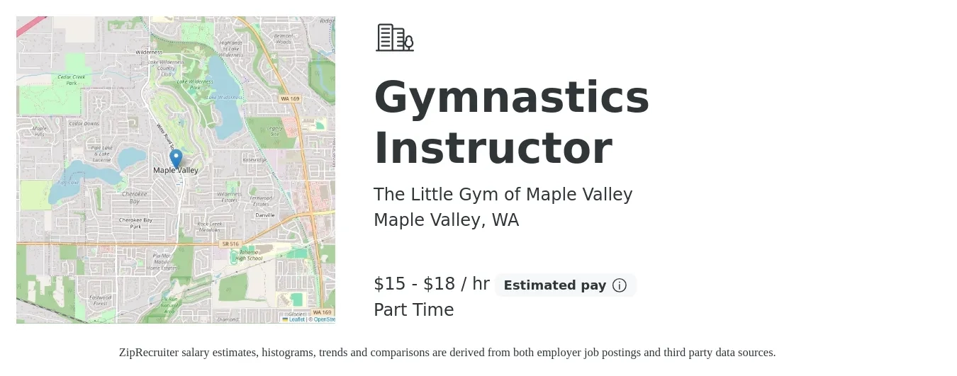 The Little Gym of Maple Valley job posting for a Gymnastics Instructor in Maple Valley, WA with a salary of $16 to $19 Hourly with a map of Maple Valley location.