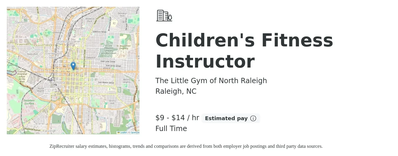 The Little Gym of North Raleigh job posting for a Children's Fitness Instructor in Raleigh, NC with a salary of $10 to $15 Hourly with a map of Raleigh location.