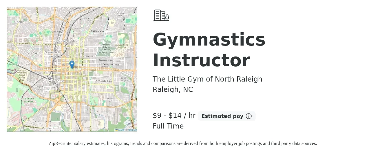The Little Gym of North Raleigh job posting for a Gymnastics Instructor in Raleigh, NC with a salary of $10 to $15 Hourly with a map of Raleigh location.