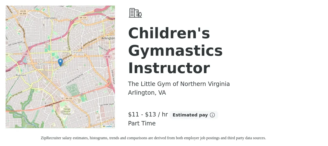 The Little Gym of Northern Virginia job posting for a Children's Gymnastics Instructor in Arlington, VA with a salary of $12 to $14 Hourly with a map of Arlington location.