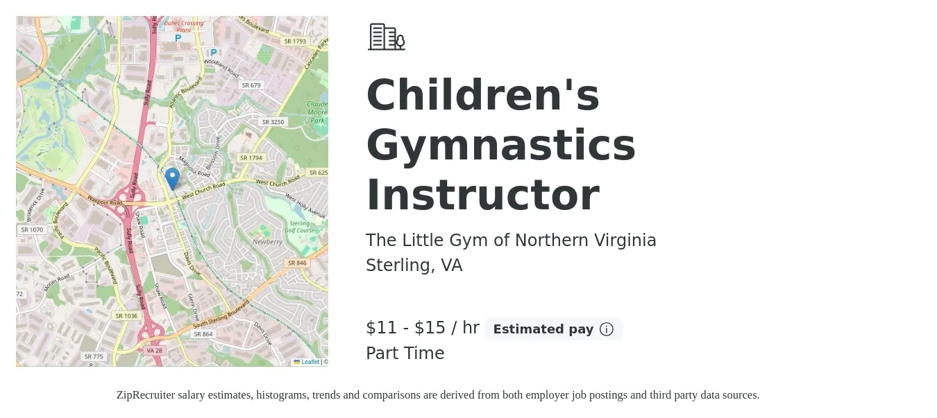The Little Gym of Northern Virginia job posting for a Children's Gymnastics Instructor in Sterling, VA with a salary of $12 to $16 Hourly with a map of Sterling location.