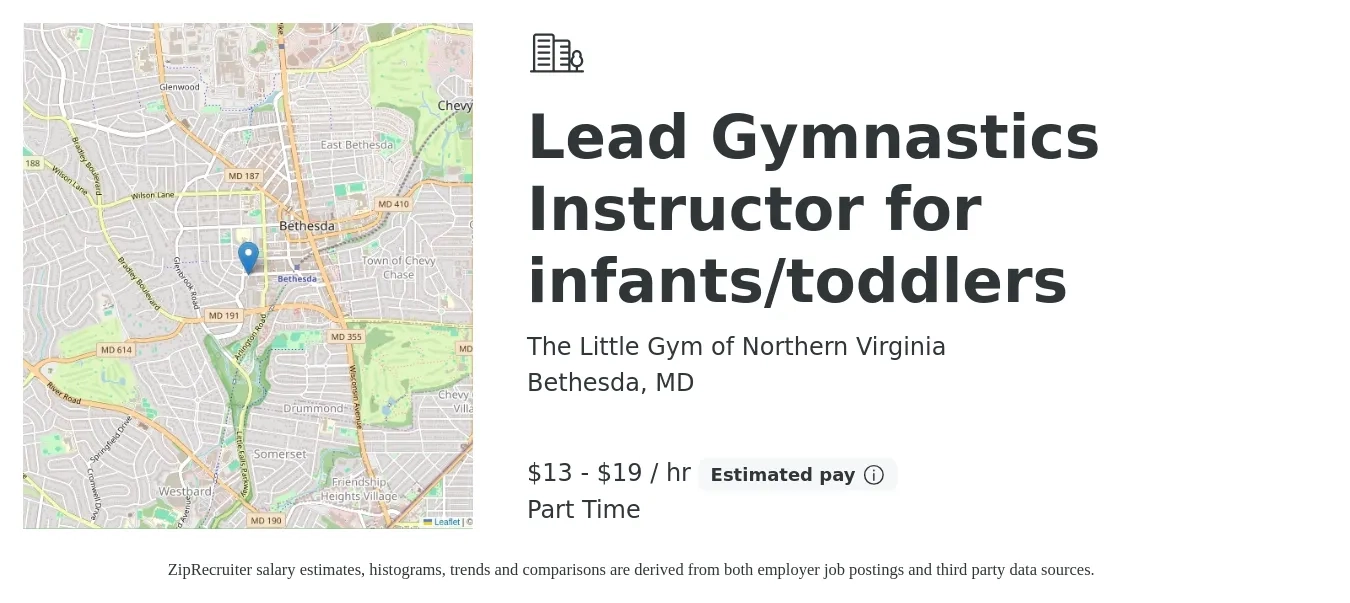 The Little Gym of Northern Virginia job posting for a Lead Gymnastics Instructor for infants/toddlers in Bethesda, MD with a salary of $14 to $20 Hourly with a map of Bethesda location.