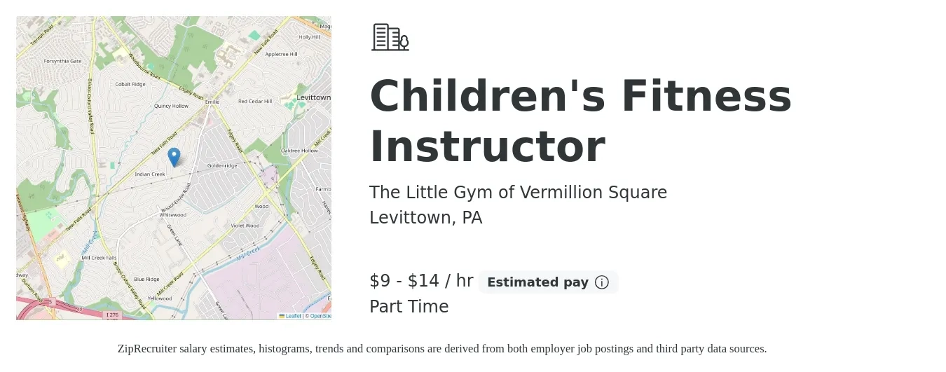 The Little Gym of Vermillion Square job posting for a Children's Fitness Instructor in Levittown, PA with a salary of $10 to $15 Hourly with a map of Levittown location.
