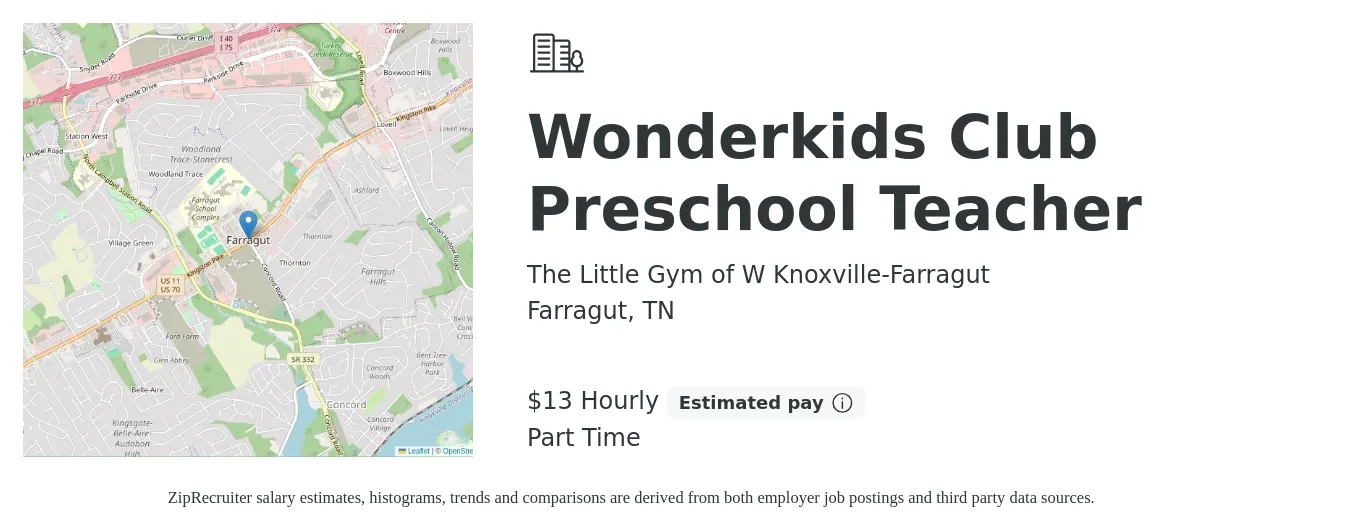 The Little Gym of W Knoxville-Farragut job posting for a Wonderkids Club Preschool Teacher in Farragut, TN with a salary of $14 Hourly with a map of Farragut location.