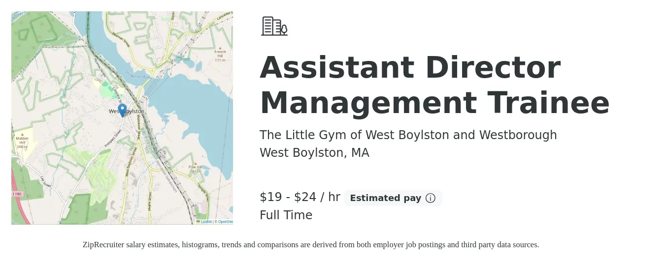 The Little Gym of West Boylston and Westborough job posting for a Assistant Director Management Trainee in West Boylston, MA with a salary of $20 to $25 Hourly with a map of West Boylston location.