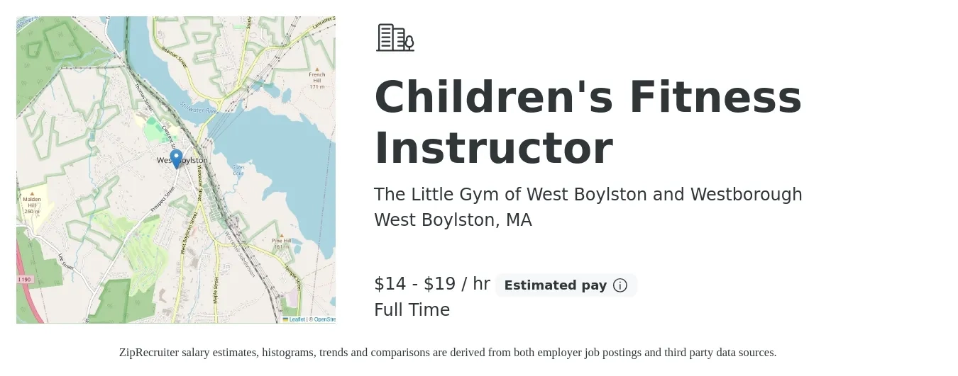 The Little Gym of West Boylston and Westborough job posting for a Children's Fitness Instructor in West Boylston, MA with a salary of $15 to $20 Hourly with a map of West Boylston location.
