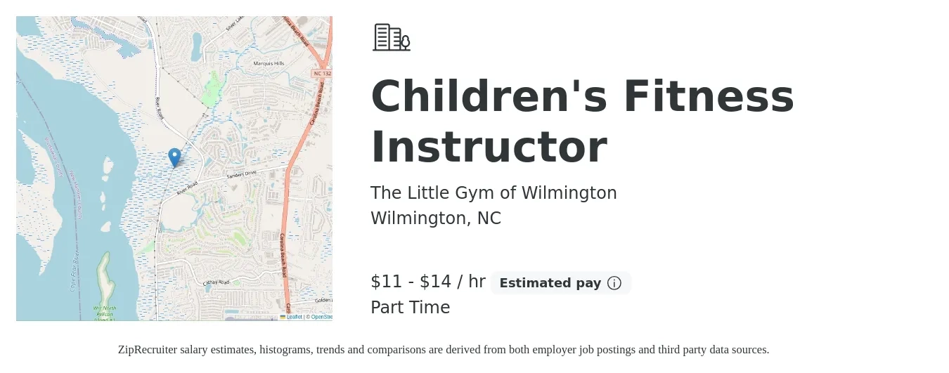 The Little Gym of Wilmington job posting for a Children's Fitness Instructor in Wilmington, NC with a salary of $12 to $15 Hourly with a map of Wilmington location.