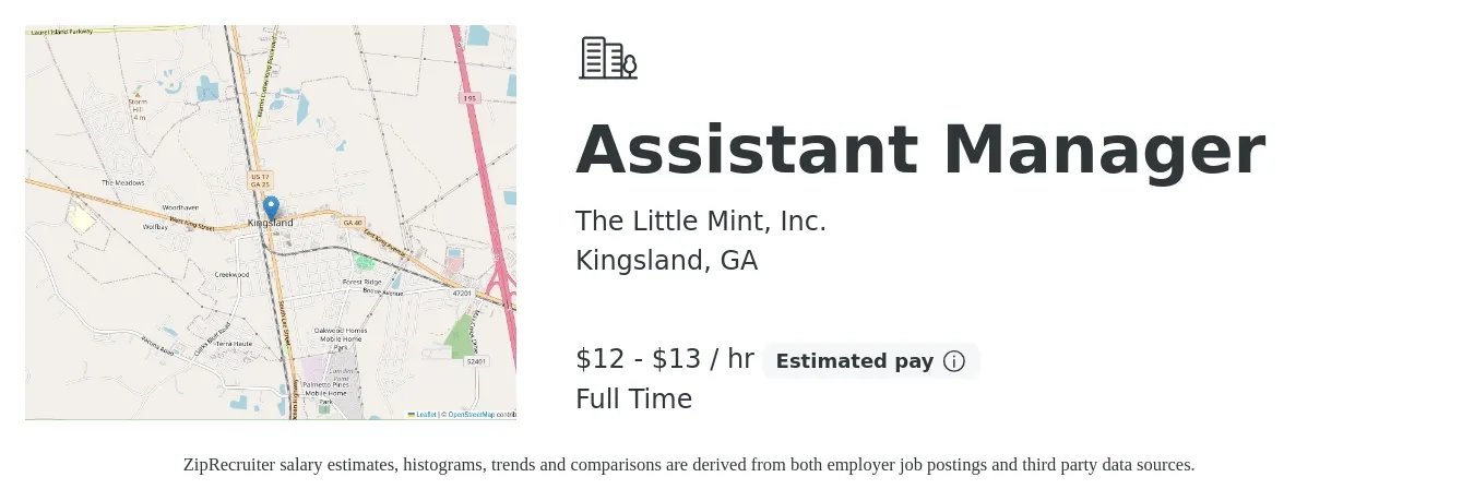 The Little Mint, Inc. job posting for a Assistant Manager in Kingsland, GA with a salary of $13 to $14 Hourly with a map of Kingsland location.