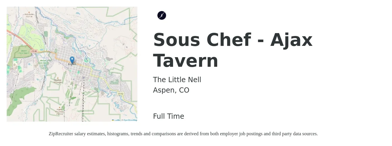 The Little Nell job posting for a Sous Chef - Ajax Tavern in Aspen, CO with a salary of $70,000 to $75,000 Yearly with a map of Aspen location.