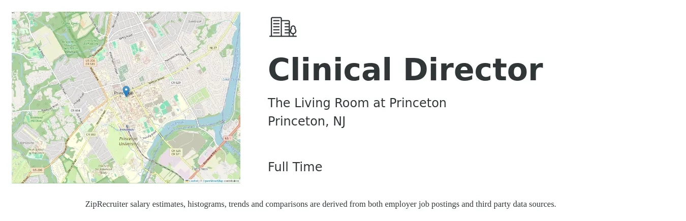 The Living Room at Princeton job posting for a Clinical Director in Princeton, NJ with a salary of $100,000 to $150,000 Yearly with a map of Princeton location.