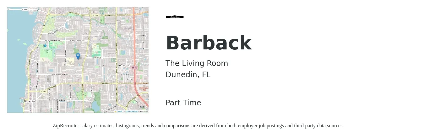 The Living Room job posting for a Barback in Dunedin, FL with a salary of $9 to $14 Hourly with a map of Dunedin location.