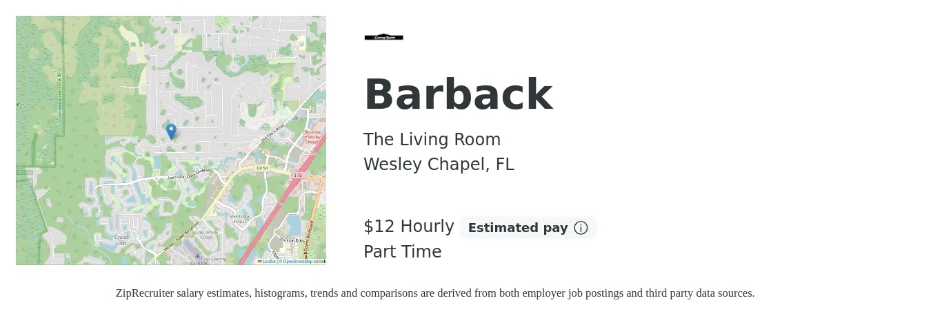 The Living Room job posting for a Barback in Wesley Chapel, FL with a salary of $13 Hourly with a map of Wesley Chapel location.