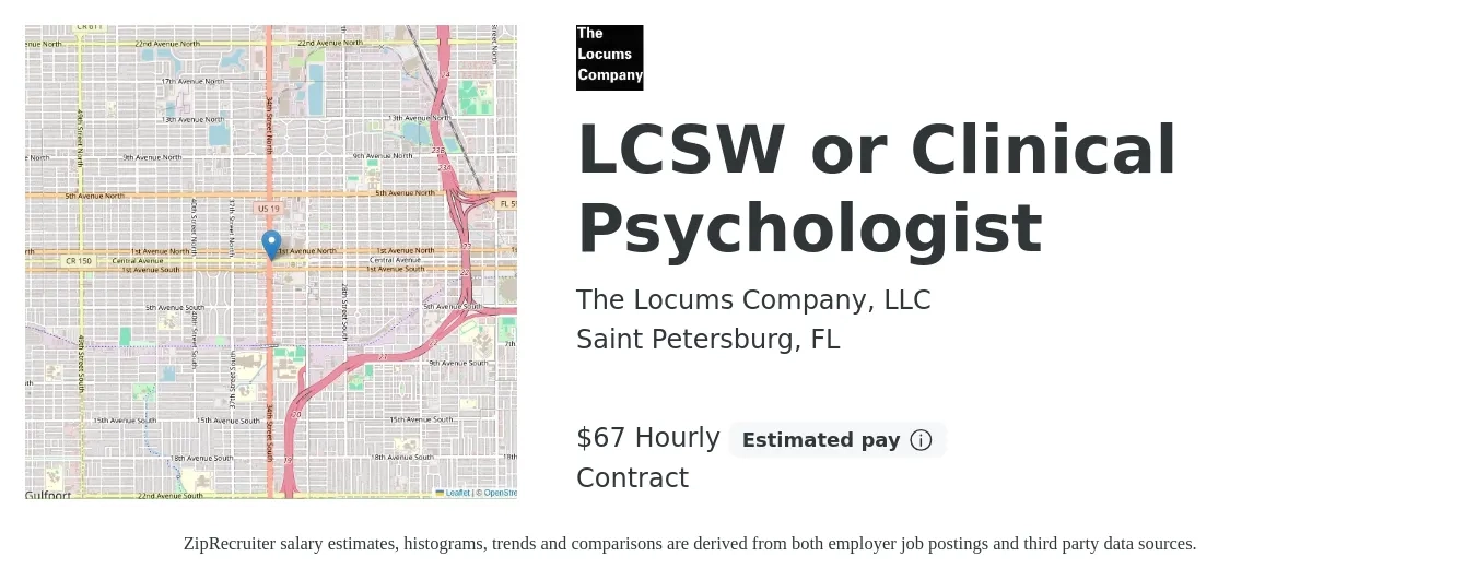 The Locums Company, LLC job posting for a LCSW or Clinical Psychologist in Saint Petersburg, FL with a salary of $70 Hourly with a map of Saint Petersburg location.