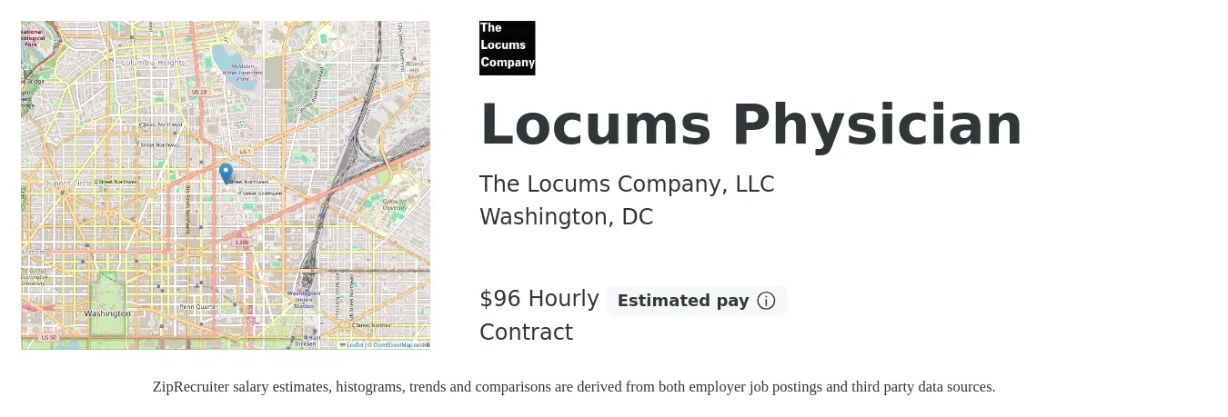 The Locums Company, LLC job posting for a Locums Physician in Washington, DC with a salary of $100 Hourly with a map of Washington location.