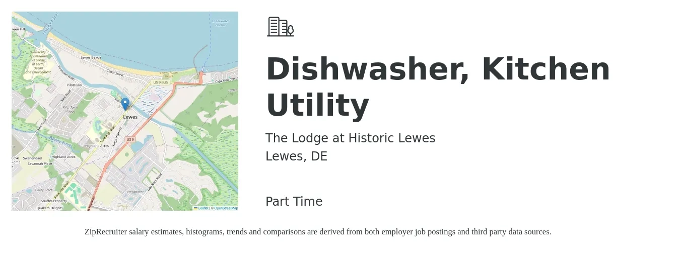 The Lodge at Historic Lewes job posting for a Dishwasher, Kitchen Utility in Lewes, DE with a salary of $13 to $17 Hourly with a map of Lewes location.