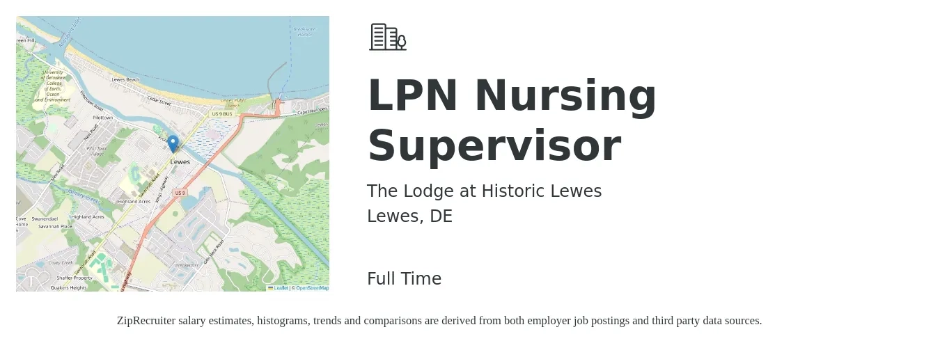 The Lodge at Historic Lewes job posting for a LPN Nursing Supervisor in Lewes, DE with a salary of $26 to $35 Hourly with a map of Lewes location.