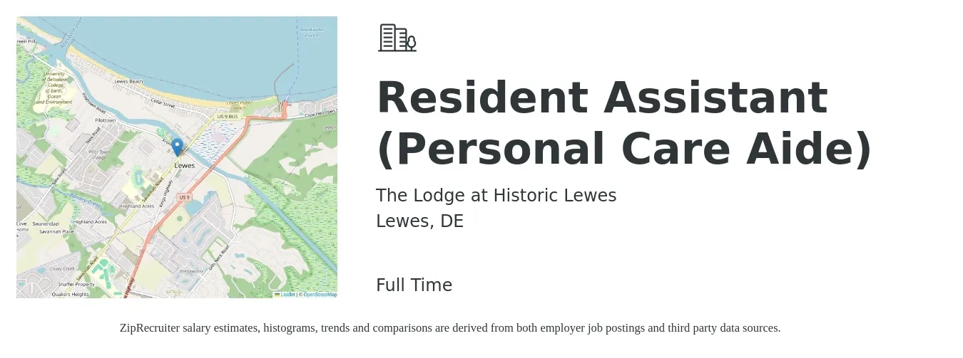 The Lodge at Historic Lewes job posting for a Resident Assistant (Personal Care Aide) in Lewes, DE with a salary of $15 to $20 Hourly with a map of Lewes location.