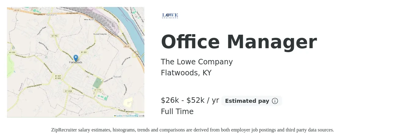 The Lowe Company job posting for a Office Manager in Flatwoods, KY with a salary of $26,000 to $52,000 Yearly and benefits including pto, and retirement with a map of Flatwoods location.