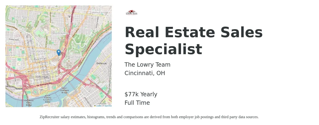 The Lowry Team job posting for a Real Estate Sales Specialist in Cincinnati, OH with a salary of $77,000 Yearly with a map of Cincinnati location.