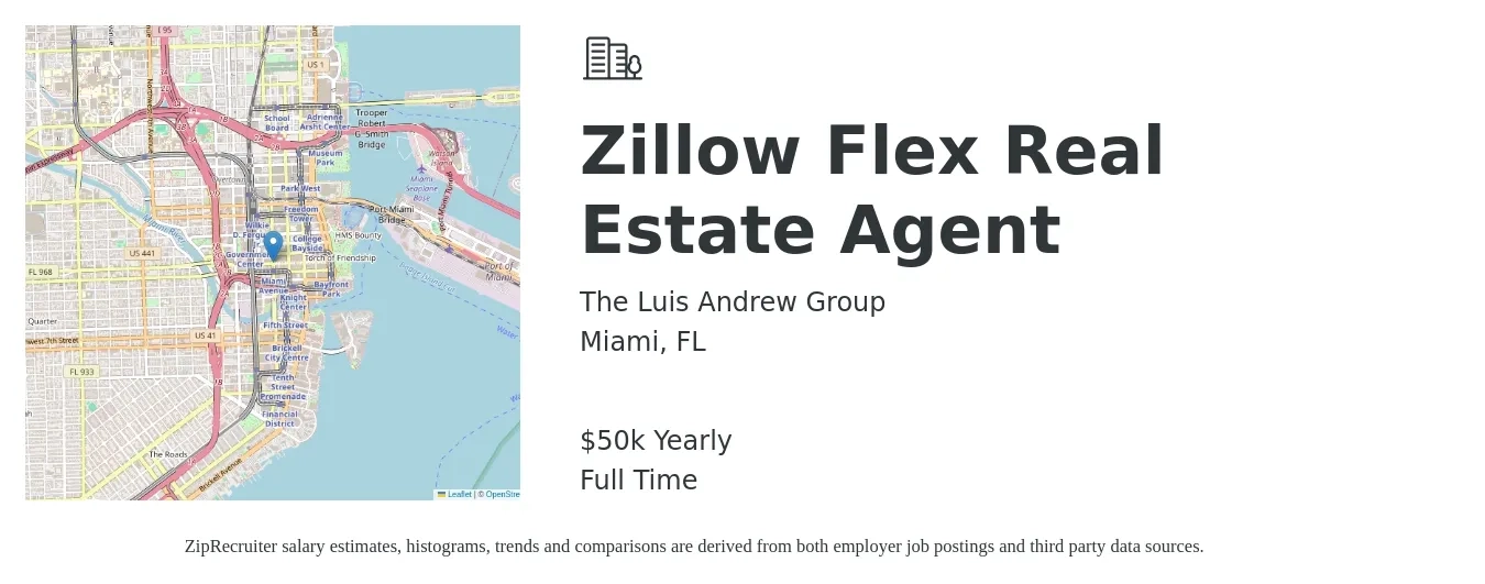 The Luis Andrew Group job posting for a Zillow Flex Real Estate Agent in Miami, FL with a salary of $50,000 Yearly with a map of Miami location.