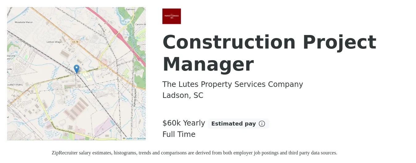 The Lutes Property Services Company job posting for a Construction Project Manager in Ladson, SC with a salary of $70,000 Yearly with a map of Ladson location.
