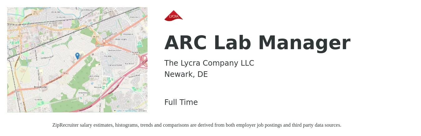 The Lycra Company LLC job posting for a ARC Lab Manager in Newark, DE with a salary of $54,900 to $78,500 Yearly with a map of Newark location.