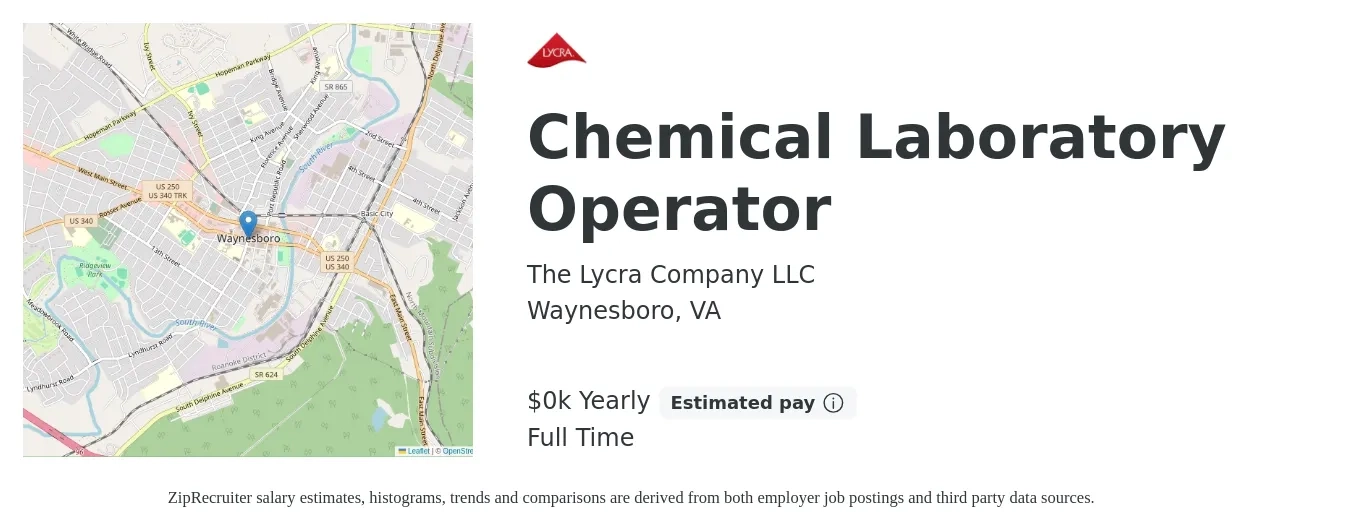 The Lycra Company LLC job posting for a Chemical Laboratory Operator in Waynesboro, VA with a salary of $24 to $26 Yearly with a map of Waynesboro location.