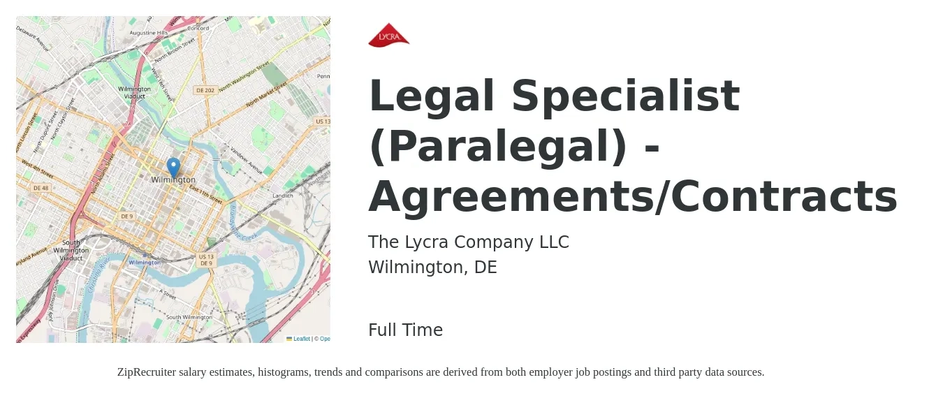 The Lycra Company LLC job posting for a Legal Specialist (Paralegal) - Agreements/Contracts in Wilmington, DE with a salary of $29 to $40 Hourly with a map of Wilmington location.