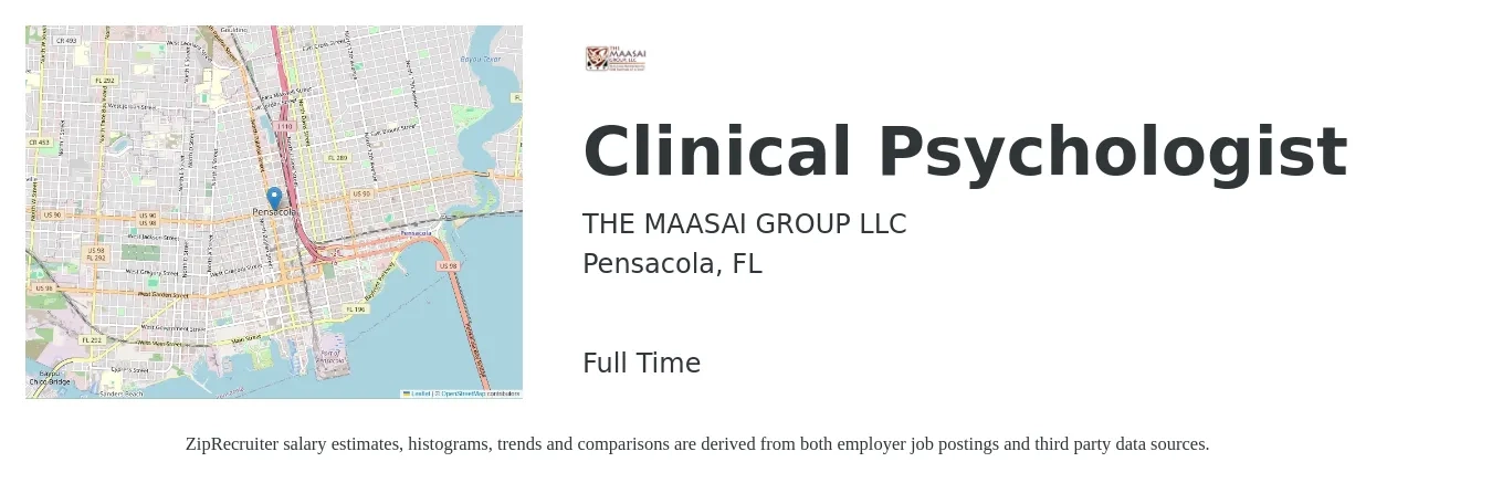 The Maasai Group job posting for a Clinical Psychologist in Pensacola, FL with a salary of $82,000 to $113,000 Yearly with a map of Pensacola location.