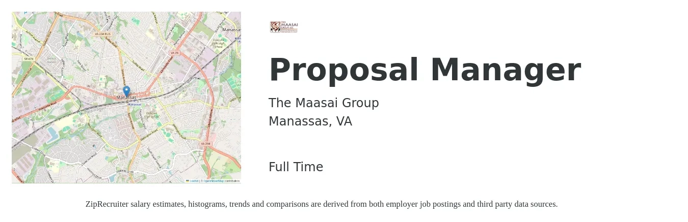 The Maasai Group job posting for a Proposal Manager in Manassas, VA with a salary of $75,400 to $110,600 Yearly with a map of Manassas location.