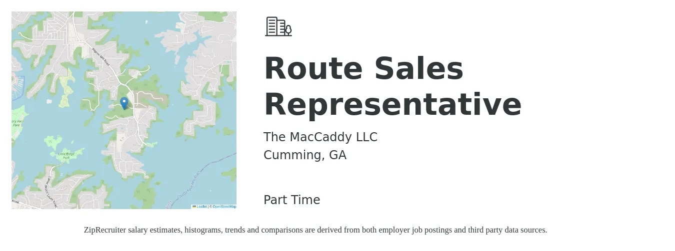 The MacCaddy LLC job posting for a Route Sales Representative in Cumming, GA with a salary of $100 to $200 Weekly (plus commission) with a map of Cumming location.