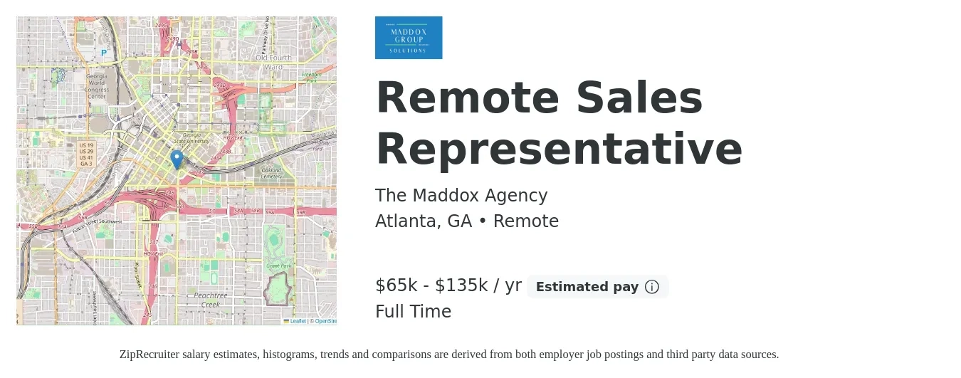 The Maddox Agency job posting for a Remote Sales Representative in Atlanta, GA with a salary of $65,000 to $135,000 Yearly and benefits including life_insurance with a map of Atlanta location.