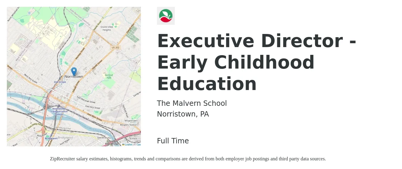 The Malvern School job posting for a Executive Director - Early Childhood Education in Norristown, PA with a salary of $52,000 to $83,000 Yearly with a map of Norristown location.